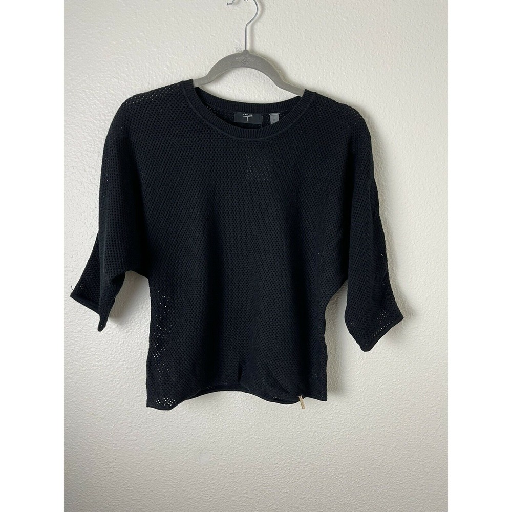 T Tahari Women Black 3/4 Sleeve Top Sz XS Eyelet